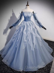 Vintage Ball Gown Strapless Satin Dusty Blue Tulle Long Evening Prom Dress Formal Dress