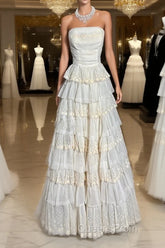 Vintage Ball Gown Strapless White Lace Evening Prom Gown Fairy Evening Prom Dress