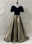 Vintage Black & Gold Panel A-Line V-Neck Short Sleeve Velvet Satin Long Classy Prom Dress