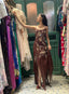 Vintage Brown Irregular Strap Beaded Sequined Classy Prom Dress