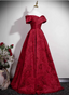 Vintage Burgundy A-Line Off-The-Shoulder Jacquard Satin Long Classy Prom Dress