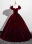 Vintage Burgundy A-Line Puff Sleeve Velvet Long Classy Prom Dress
