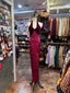 Vintage Burgundy Halter Neck Velvet Satin Long Classy Prom Dress