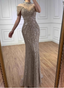 Vintage Champagne Brown Mermaid Stand Collar Shoulder Sleeve Full Diamond Sequin Tulle Long Classy Prom Dress