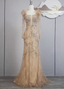 Vintage Champagne Mermaid Long Sleeve Square Neck Feather Beaded Tulle Long Classy Prom Dress