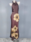 Vintage Elegant Dark Brown Printed Halter Neck Open Back Satin Long Classy Prom Dress