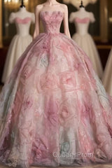Vintage Fashion Ball Gown Strapless Pink Floral Floor Length Evening Dress Evening Prom Dress