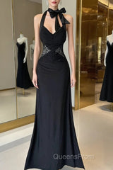 Vintage Fashion Mermaid Halter Black Floor Length Evening Dress Evening Prom Dress