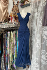 Vintage Fashion Mermaid V Neckline Navy Blue Floor Length Evening Dress Evening Prom Dress