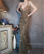 Vintage Green Mermaid Spaghetti Strap Deep V-Neck 3D Floral Embroidery Long Classy Prom Dress