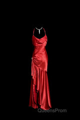 Vintage High Low Halter Satin Red Evening Prom Gown Fairy Long Evening Prom Dress