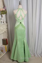 Vintage Light Green Mermaid Halter Satin Beaded Long Evening Prom Dress