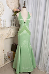 Vintage Light Green Mermaid Halter Satin Beaded Long Evening Prom Dress