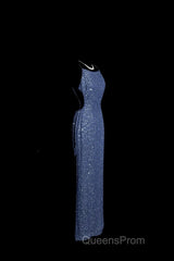 Vintage Mermaid Boat Neck Blue Sequin Backless Evening Prom Gown Fairy Evening Prom Dress