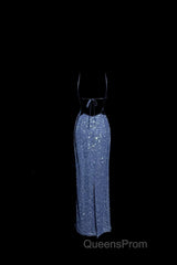 Vintage Mermaid Boat Neck Blue Sequin Backless Evening Prom Gown Fairy Evening Prom Dress