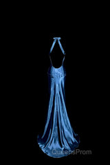 Vintage Mermaid Halter Neck Blue Satin Backless Evening Prom Gown Fairy Evening Prom Dress