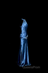 Vintage Mermaid Halter Neck Blue Satin Backless Evening Prom Gown Fairy Evening Prom Dress