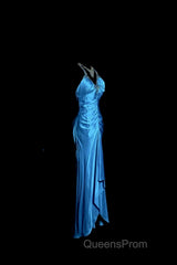 Vintage Mermaid Halter Neck Royal Blue Satin Backless Evening Prom Gown Fairy Evening Prom Dress