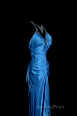Vintage Mermaid Halter Neck Royal Blue Satin Backless Evening Prom Gown Fairy Evening Prom Dress