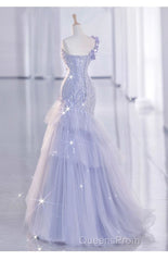 Vintage Mermaid One Shoulder Lilac Tulle Satin Long Evening Prom Dress Party Dress