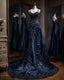 Vintage Mermaid Spaghetti Straps Navy Blue Satin Long Classy Prom Dress Party Dress