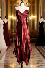 Vintage Mermaid Spaghetti Straps Satin Burgundy Evening Prom Gown Fairy Evening Prom Dress