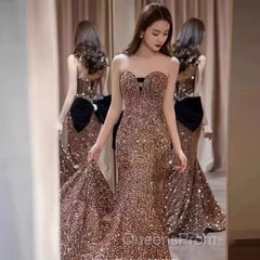 Vintage Mermaid Strapless Party Dress Long Sequin Evening Prom Dress