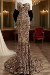 Vintage Mermaid Strapless Party Dress Long Sequin Evening Prom Dress