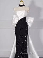 Vintage Mermaid Strapless Sequin Black Long Evening Prom Dress Formal Dress