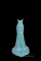 Vintage Mermaid Strapless Tulle Blue Beads Long Evening Prom Gown Fairy Evening Prom Dress
