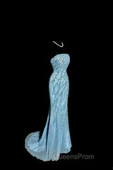 Vintage Mermaid Strapless Tulle Blue Beads Long Evening Prom Gown Fairy Evening Prom Dress