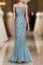 Vintage Mermaid Strapless Tulle Blue Beads Long Evening Prom Gown Fairy Evening Prom Dress