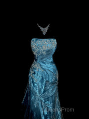 Vintage Mermaid Strapless Tulle Blue Long Evening Prom Gown Fairy Evening Prom Dress