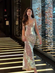 Vintage Mermaid Straps Sequin Backless Long Birthday Dress Prom Dresses