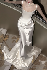Vintage Mermaid Straps Sleeveless Satin Ivory Wedding Dress
