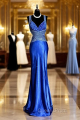Vintage Mermaid Sweetheart Neckline Royal Blue Satin Backless Evening Prom Gown Fairy Evening Prom Dress