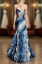 Vintage Mermaid Sweetheart Sleeveless Long Blue Evening Prom Gown Fairy Evening Prom Dress