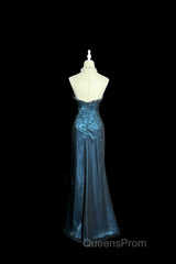 Vintage Mermaid Sweetheart Sleeveless Long Blue Slit Evening Prom Gown Fairy Evening Prom Dress