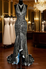 Vintage Mermaid V Neckline Gray Sequin Long Evening Prom Gown Fairy Evening Prom Dress