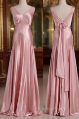 Vintage Mermaid V Neckline Pink Satin Long Evening Prom Dress Party Evening Dress