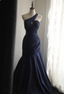 Vintage Navy Blue Mermaid One-Shoulder Satin Long Classy Prom Dress