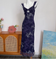 Vintage Navy Blue Spaghetti Strap Printed Lace Tulle Long Classy Prom Dress