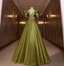 Vintage Olive Green Deep V-Neck Puff Sleeve Satin Long Classy Prom Dress