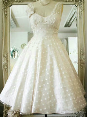 Vintage Polka Dots Tea Length V-neck Backless Wedding Dress