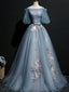 Vintage Princess Off Shoulder Half Sleeve Dusty Blue Appliques Ball Gown Classy Prom Dress