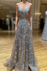 Vintage Evening Prom Dress 90S, A-line V Neck Sleeveless Sweep Train Tulle Satin Evening Prom Dress With Appliqued Split