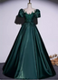 Vintage Royal Emerald Green Crew Neck A-Line Embroidered Satin Long Classy Prom Dress