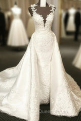 Vintage Scoop Neck Sweep Train Satin Mermaid Wedding Dress Lace Embroidery