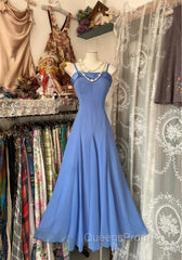 Vintage Soft Blue Spaghetti Strap A-Line Chiffon Birthday Evening Prom Dress Pretty Graduation Dress