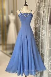 Vintage Soft Blue Spaghetti Strap A-Line Chiffon Birthday Evening Prom Dress Pretty Graduation Dress